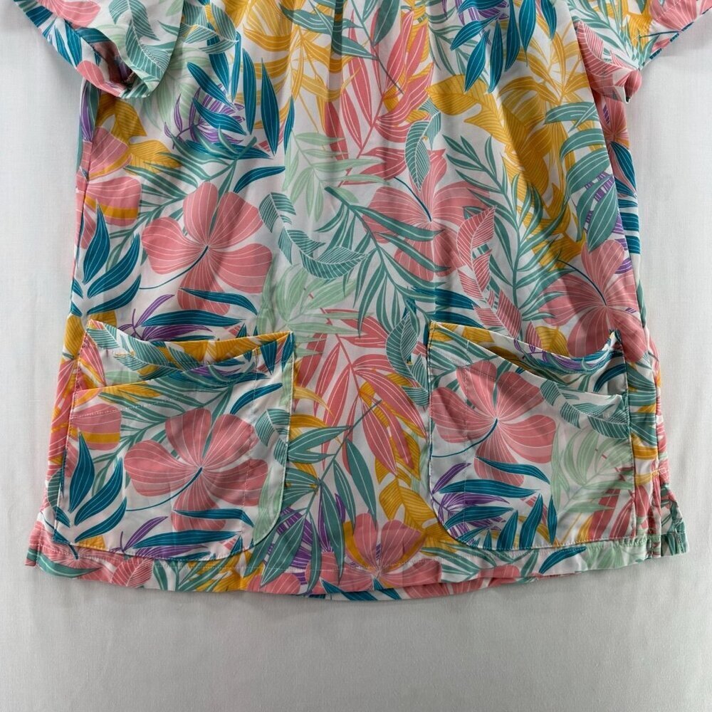 Butter-Soft Scrub Top Womens M Stretch Tropical 6-Pocket Peasant Medical Pink - Picture 4 of 11